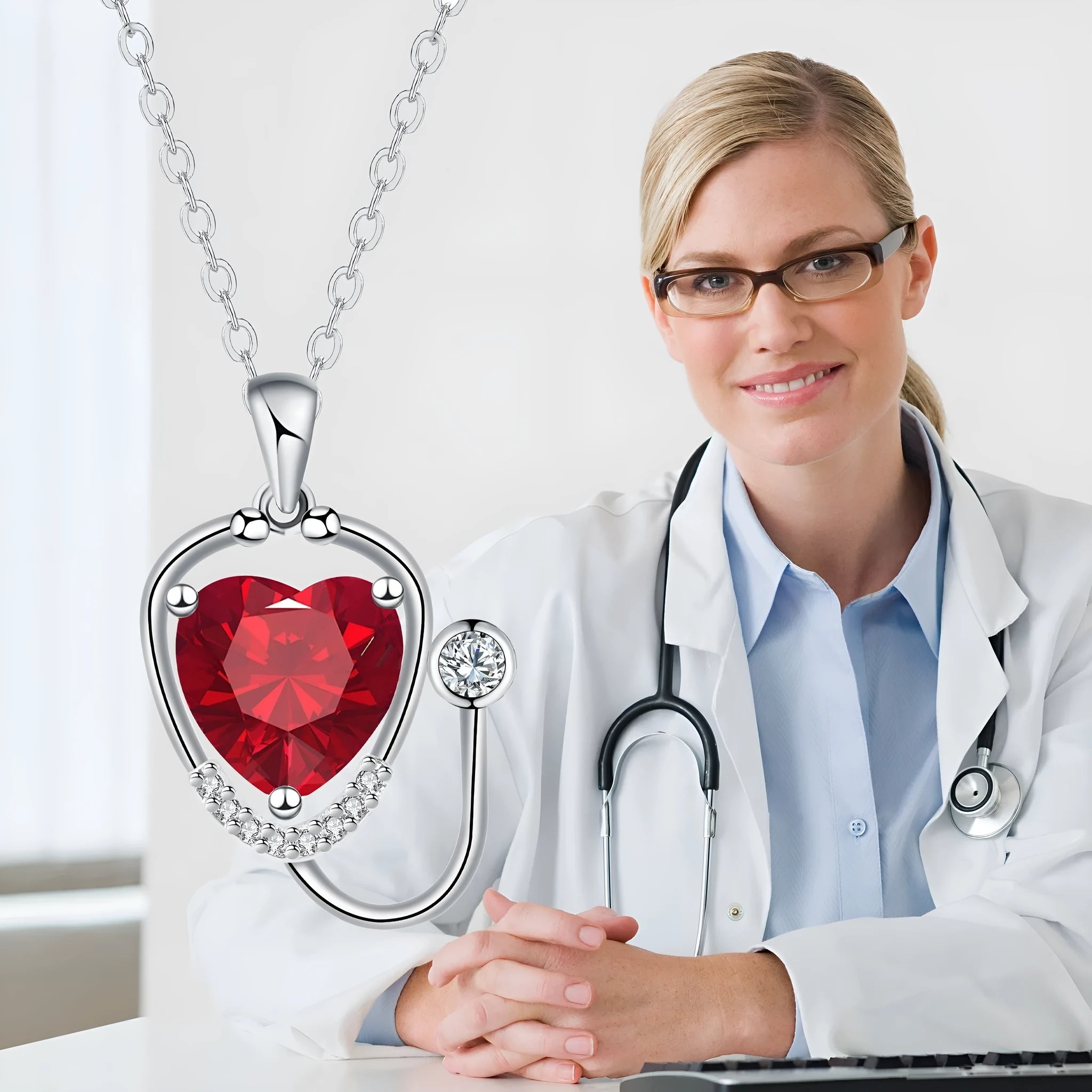 Red diamond coloured women's necklace with stethoscope, wings and cross pendant design