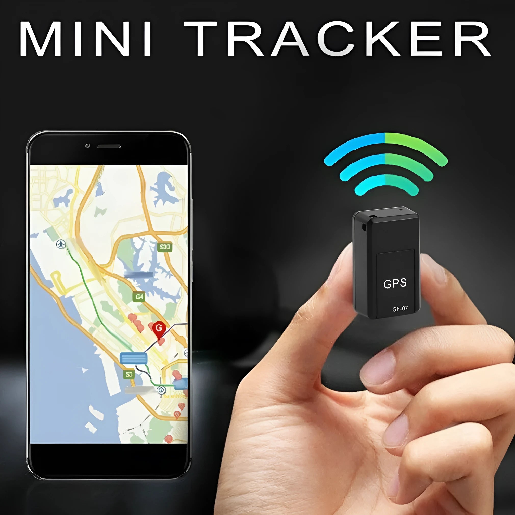 Small black plastic magnetic GPS tracker device with USB charging cable.