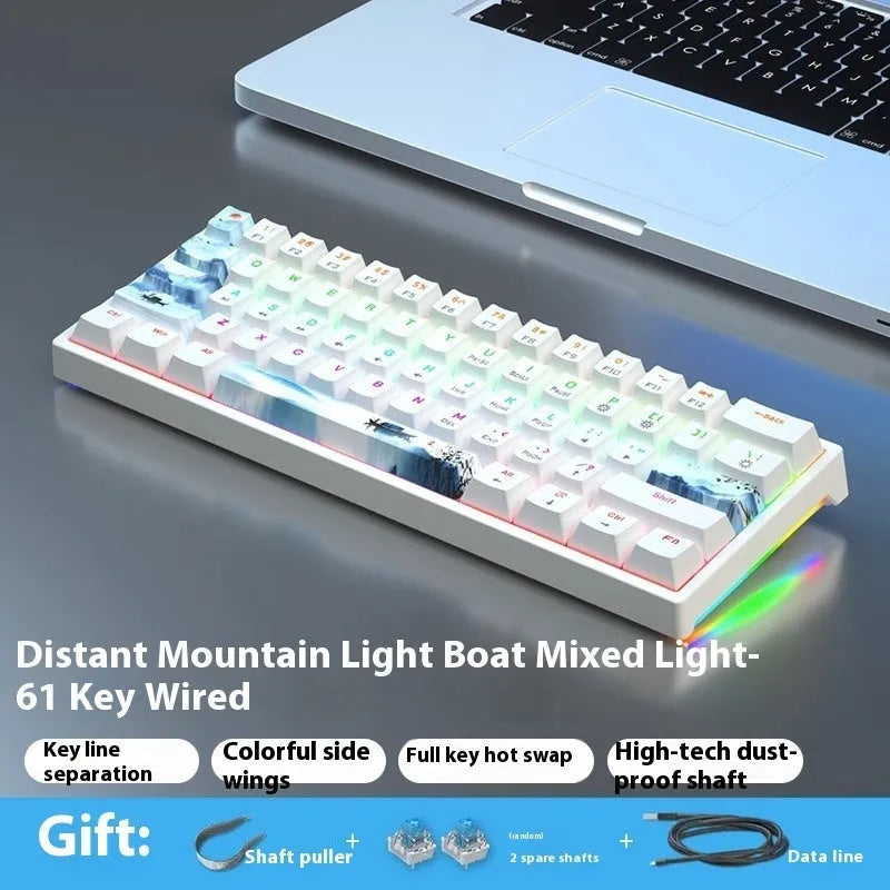 Blue and white 61-key compact mechanical keyboard with hot-swappable switches on black background