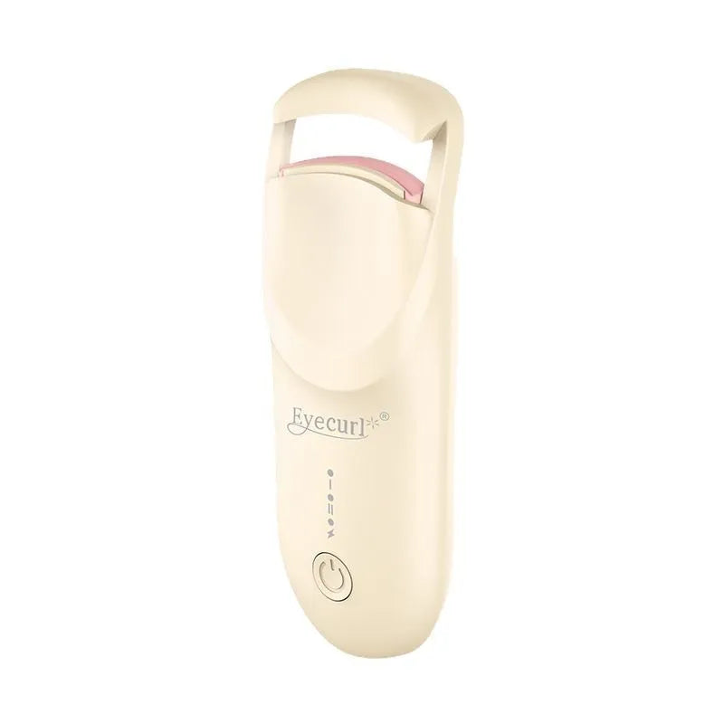 USB-C rechargeable electric eyelash curler in cream white, maca pink, or vanilla apricot colour with ceramic heating plate.