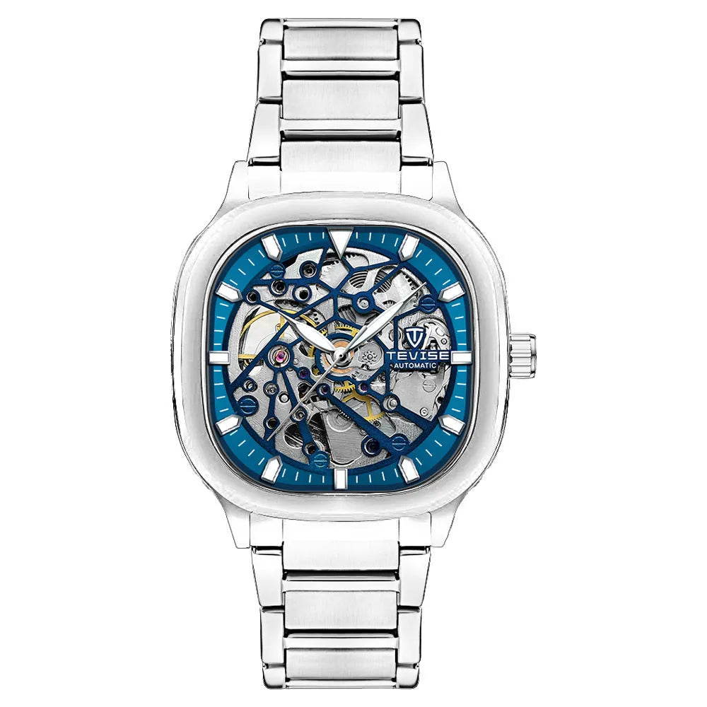 Men's square automatic watch with luminous hands on stainless steel bracelet, showing hollow case design.