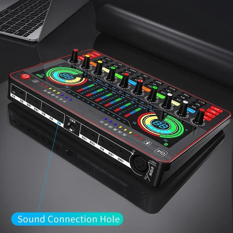 Professional G4 sound card set with colour LCD display, multiple control knobs, and included microphone.
