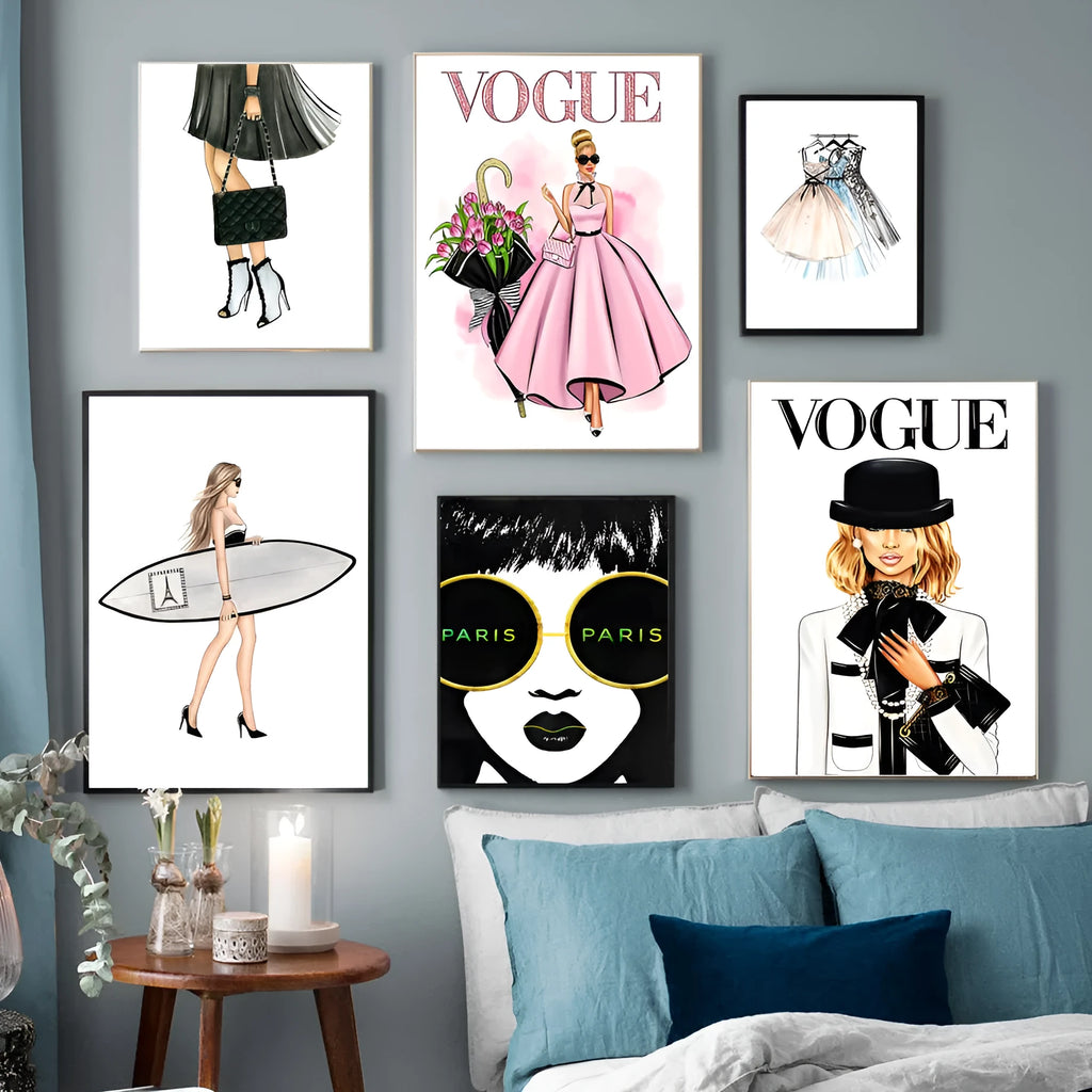 Ladies flower bag canvas wall art for living room, frameless single piece with cartoon anime pattern