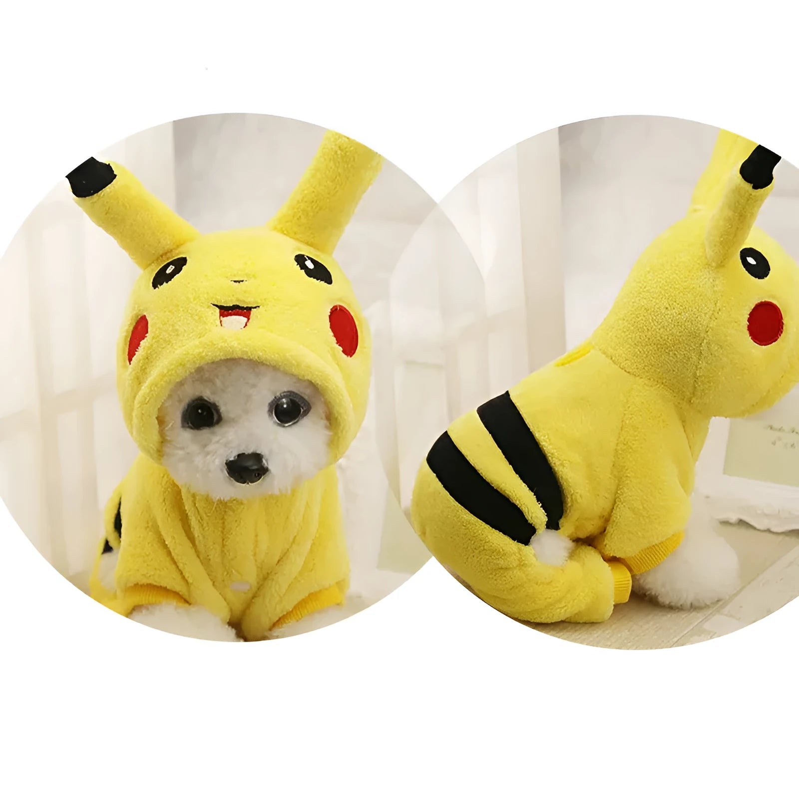 Fleece cat coat with hood, shown on a cat, available in multiple sizes for autumn and winter wear.