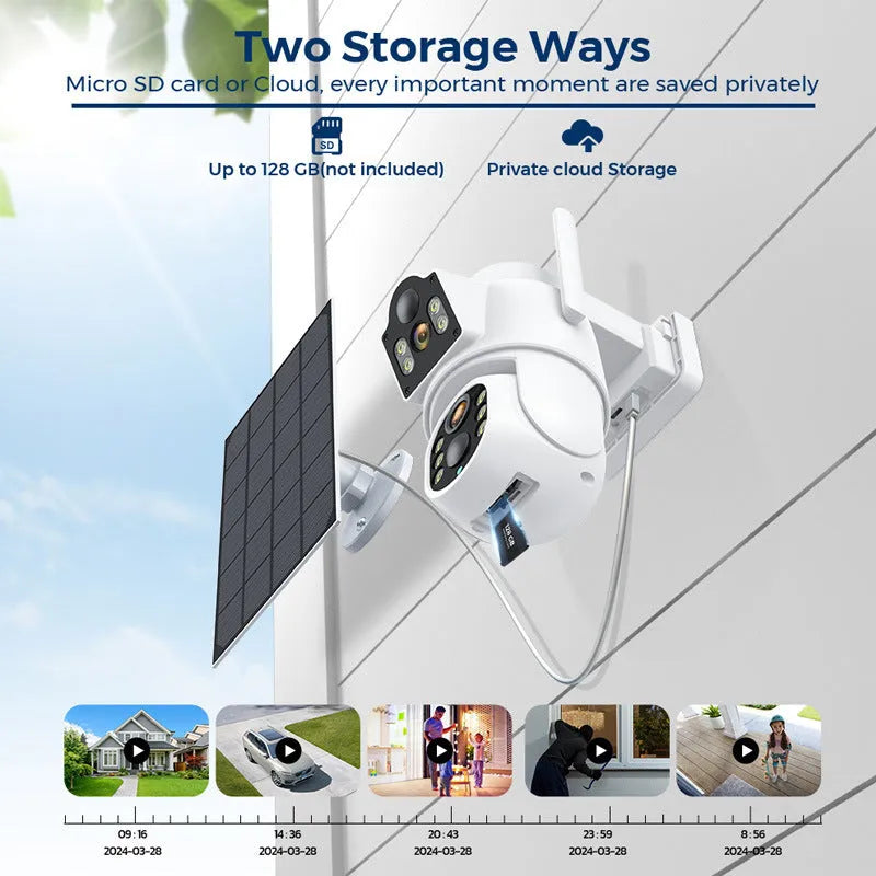 Outdoor solar-powered wireless security camera with solar panel for plug-free monitoring