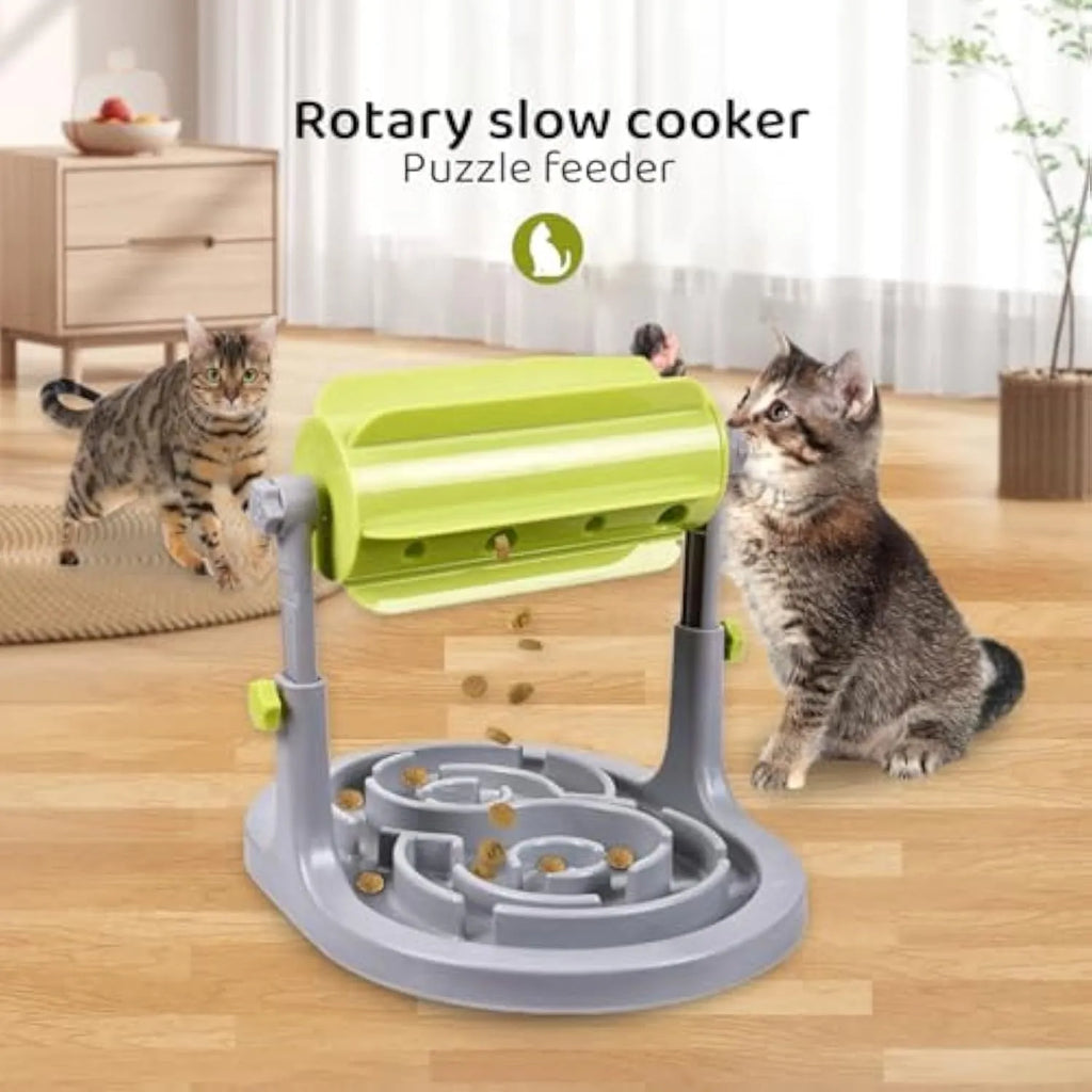 Interactive pet food puzzle toy with adjustable height in blue, green, and pink colours
