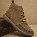 Grey genuine leather martin boots with wedge heel and lace-up front, mid-calf height retro design