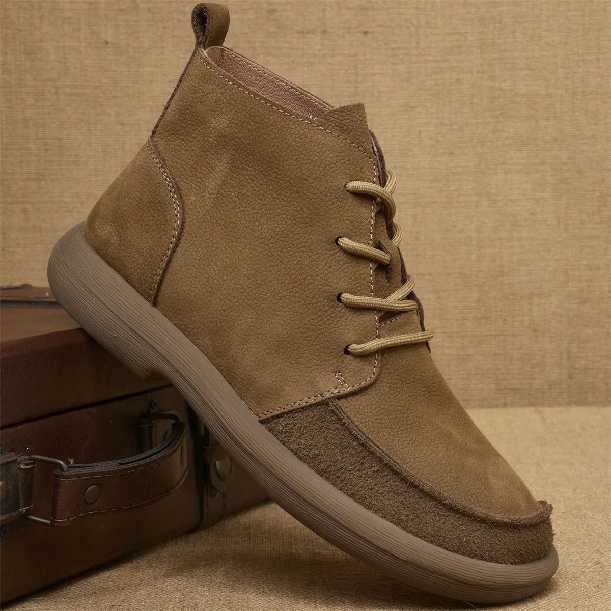Grey genuine leather martin boots with wedge heel and lace-up front, mid-calf height retro design