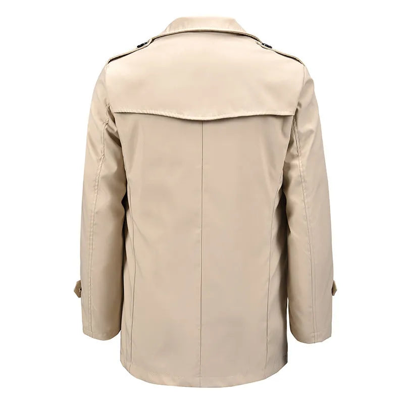 Men's mid-length double-breasted jacket in khaki, apricot or black, loose polyester casual coat, 50cm length