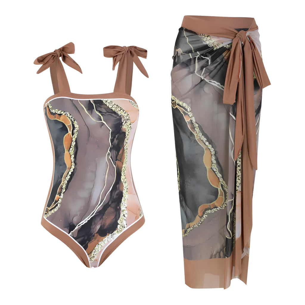 Women's floral print mesh tube top swimsuit with detachable skirt in polyester fabric