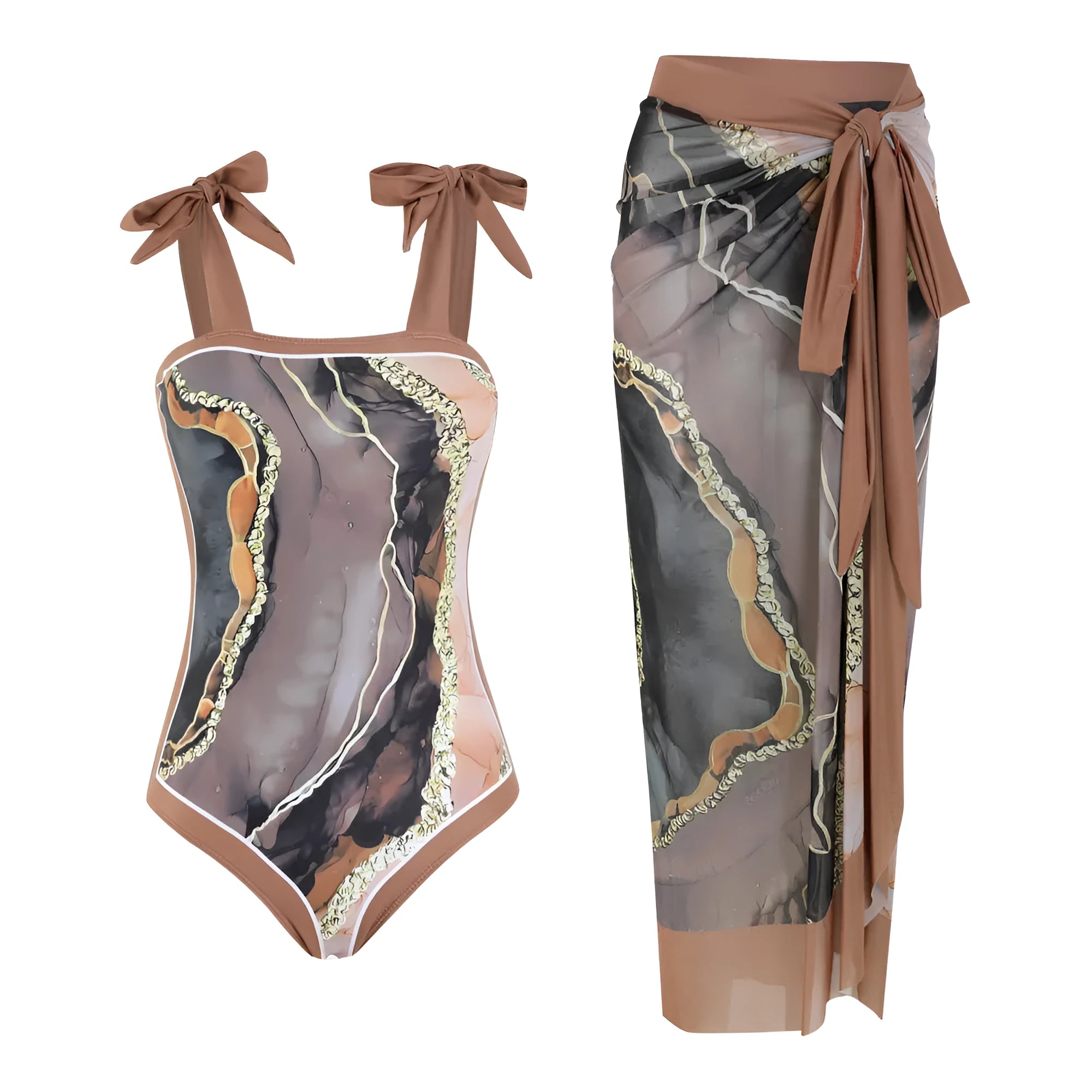 Women's floral print mesh tube top swimsuit with detachable skirt in polyester fabric