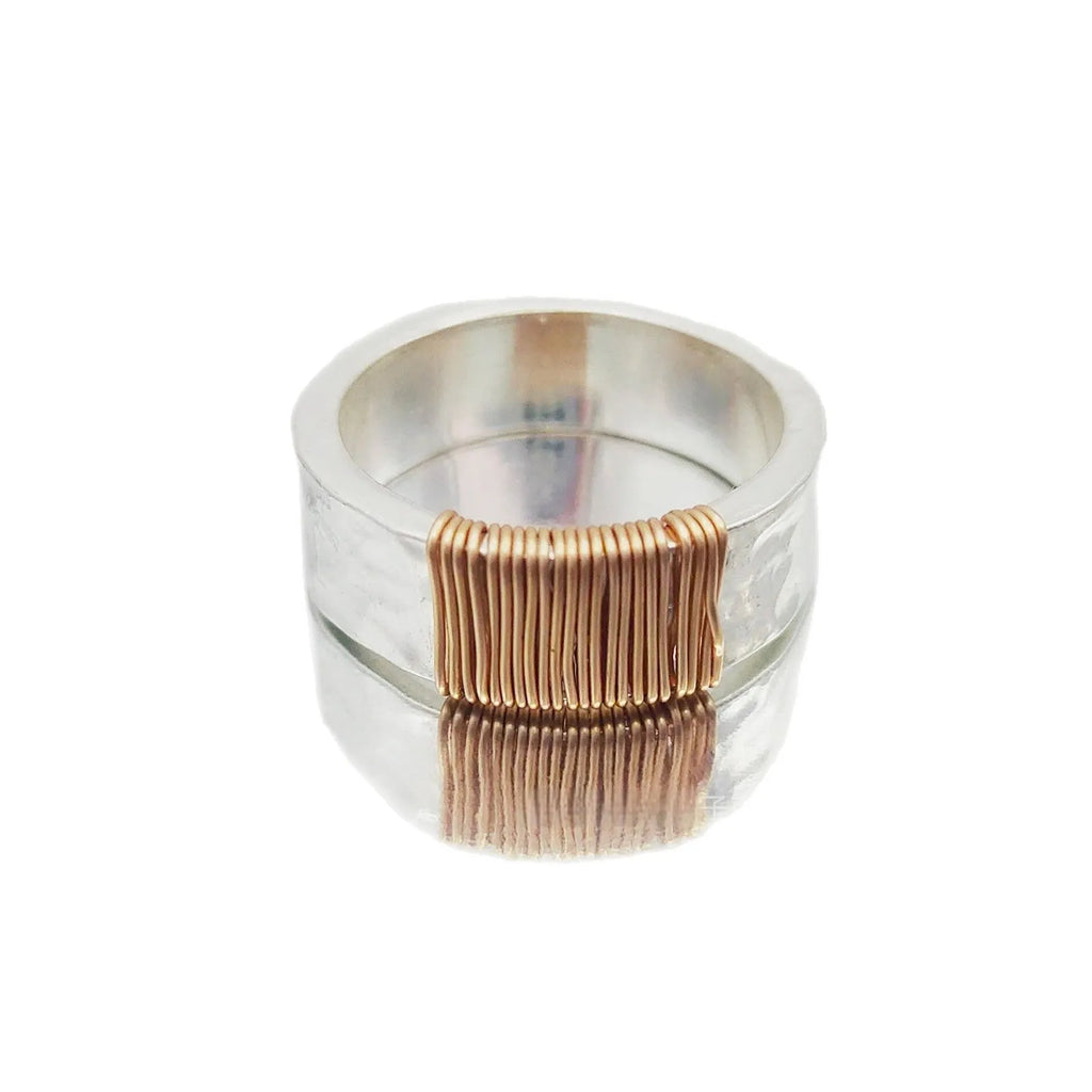 Copper simple bracelet wide face ring with electroplated silver golden coil finish showing geometric modelling
