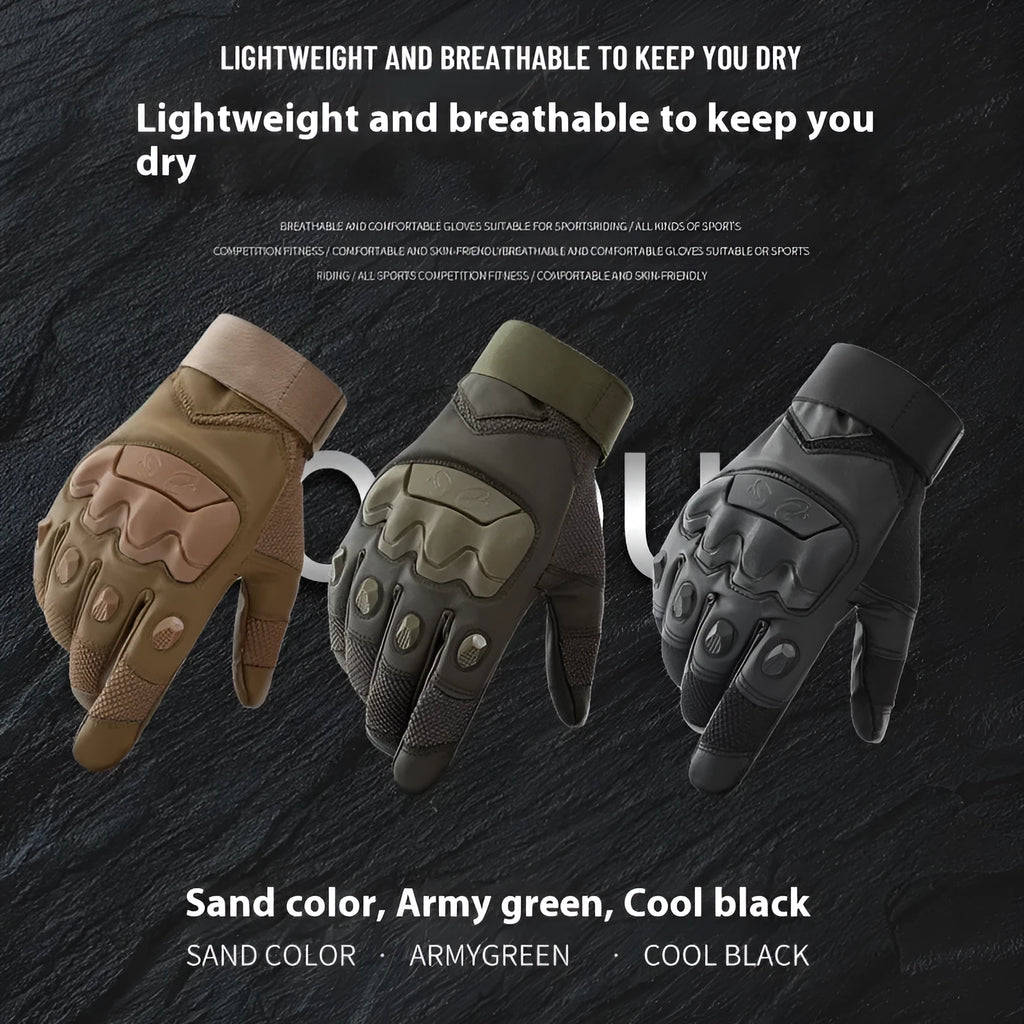 Men's black full finger tactical gloves laid flat, showing touch screen compatible fingertips.