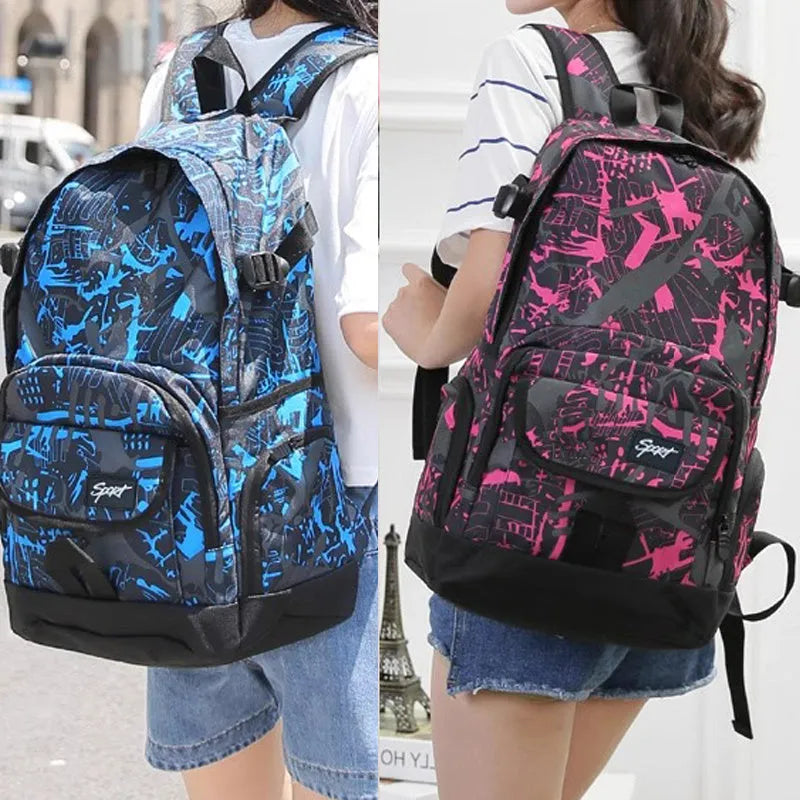 Blue and red classic nylon backpack with large main compartment for school and travel