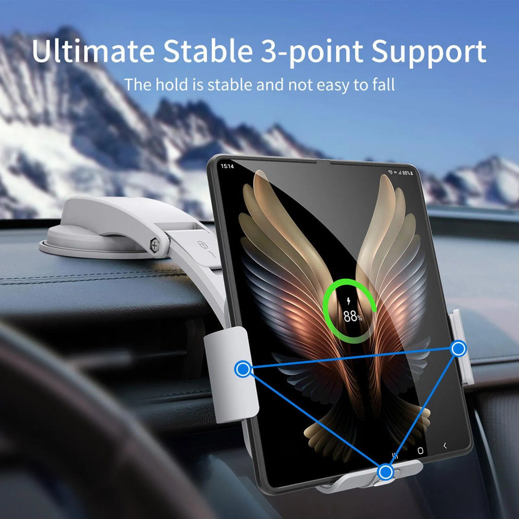 Grey wireless charging car phone holder with folding screen, showing air-con clip and suction cup mount options.