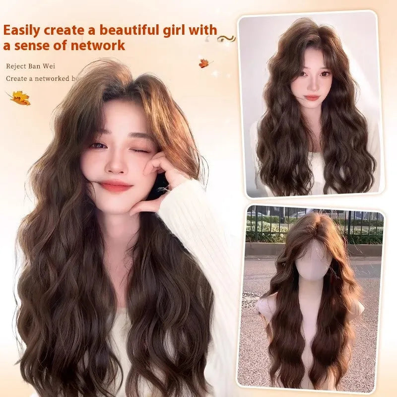 Women's full-head wig with long curly artificial hair and side bangs in brown black colour