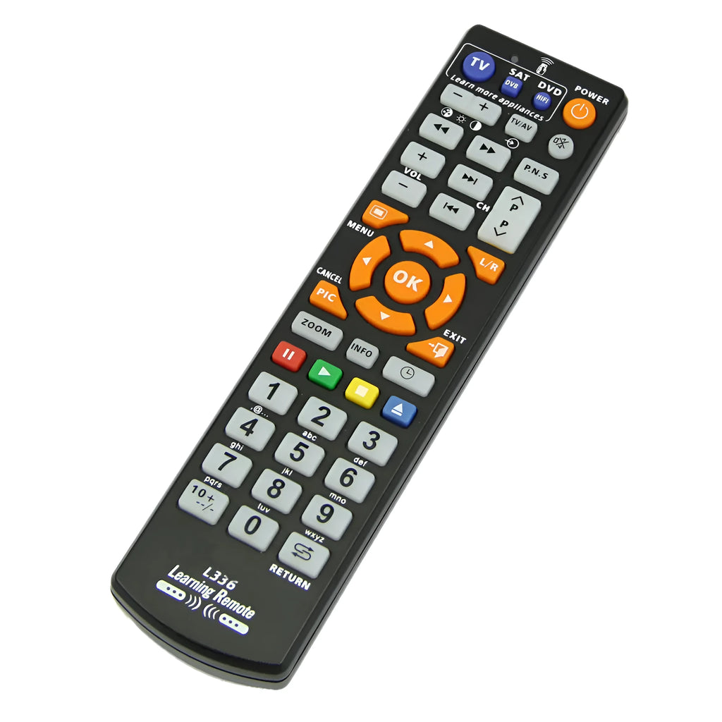 Black L336 learning remote control with full key layout for universal audio equipment operation