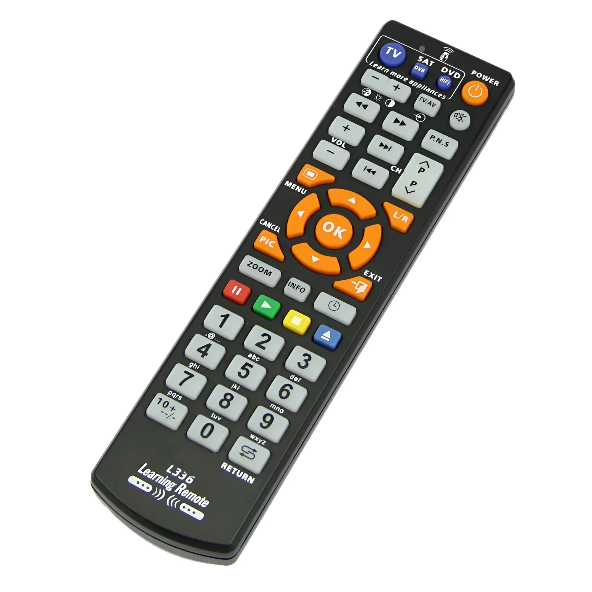 Black L336 learning remote control with full key layout for universal audio equipment operation
