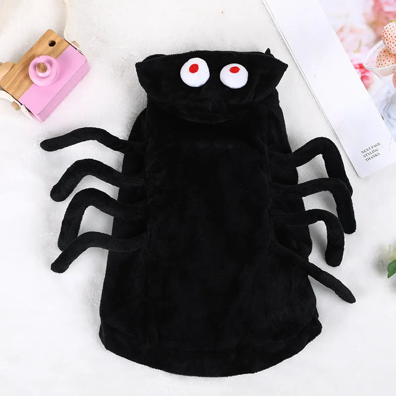 Polyester dog costume with black spider pattern for Halloween events in small, medium, or large sizes