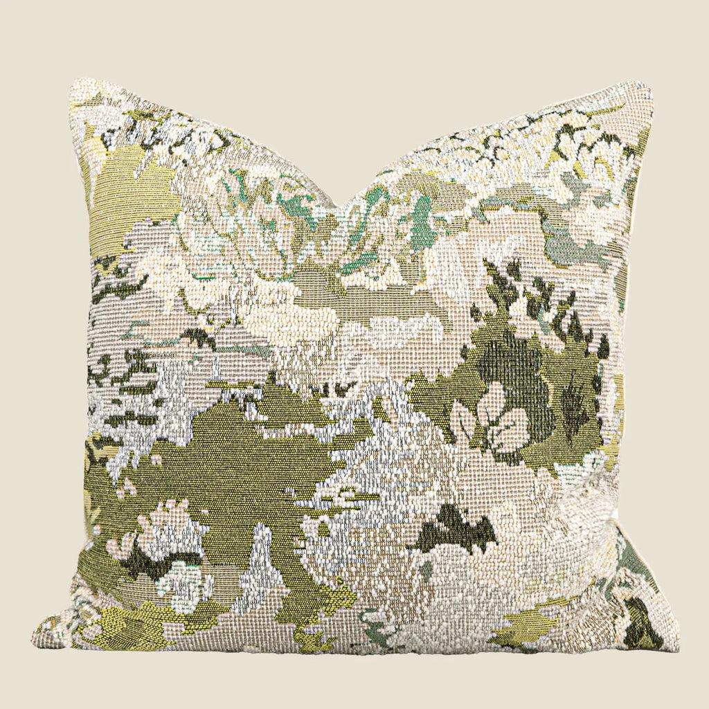 Antique green French-style abstract floral print on a wool blend decorative pillowcase.