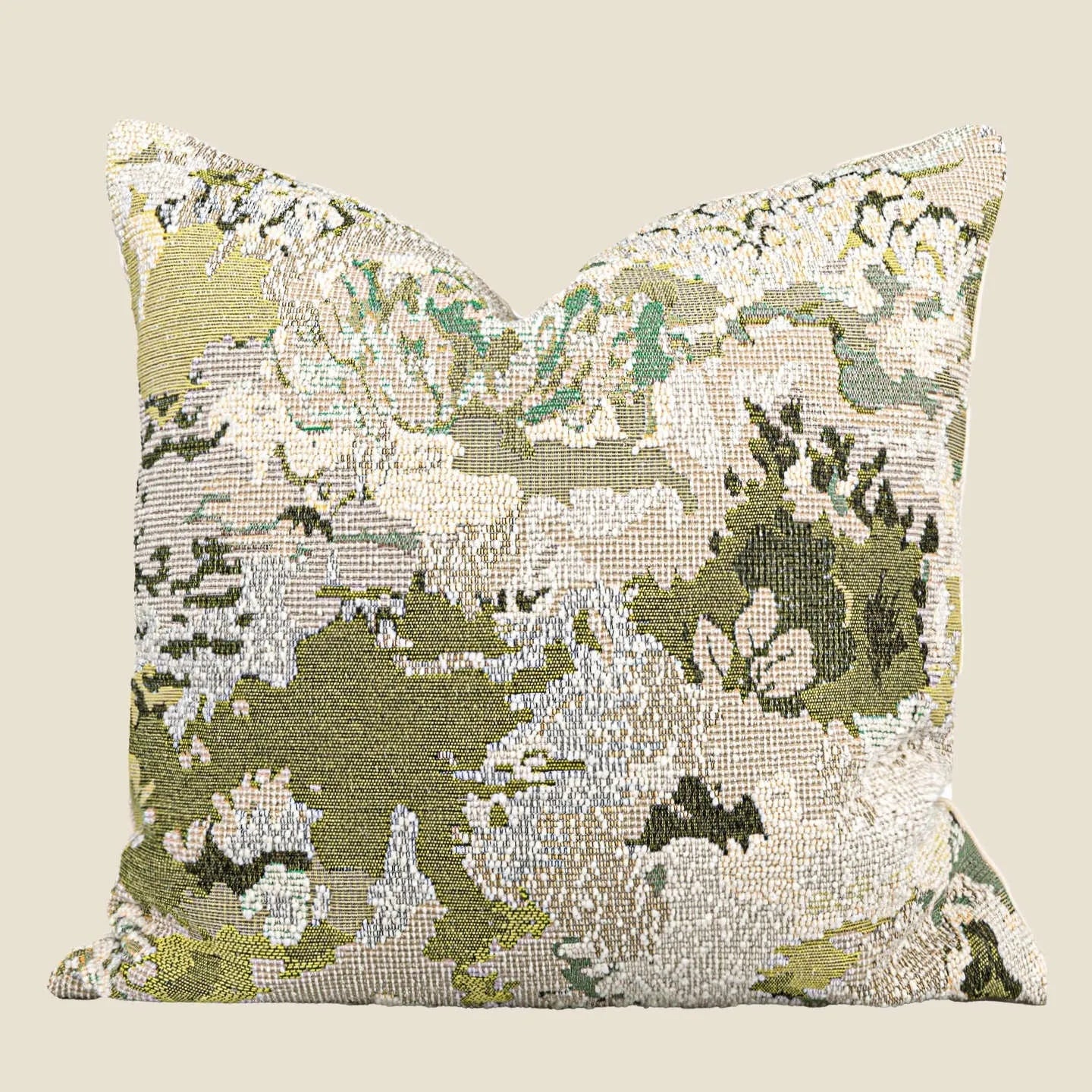 Antique green French-style abstract floral print on a wool blend decorative pillowcase.