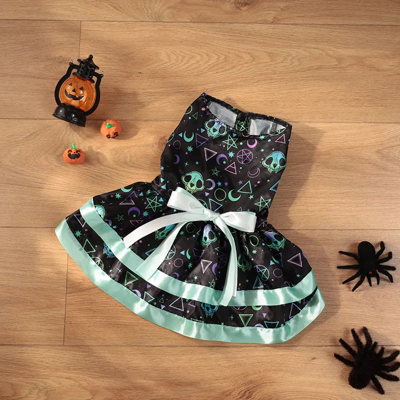Halloween dog skirt costume with colourful pumpkin and skull prints on double-layer polyester fabric