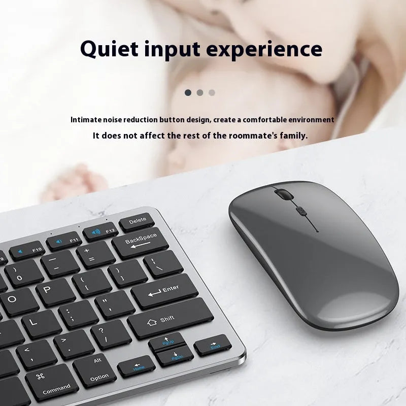 Black wireless ultra-thin keyboard and mouse combo with USB receiver and keyboard cover on a desk.