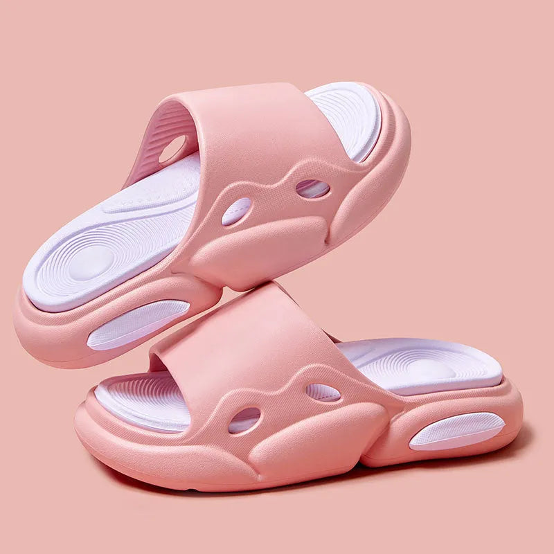 Women's and men's two-colour thick-soled EVA slippers with leather lining in pink purple, white green, or black white colour options.