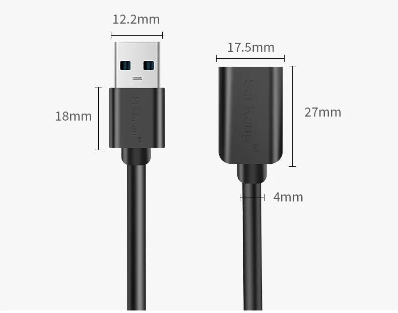 Black USB extension cable with male and female connectors, showing its length and double-shielded construction.