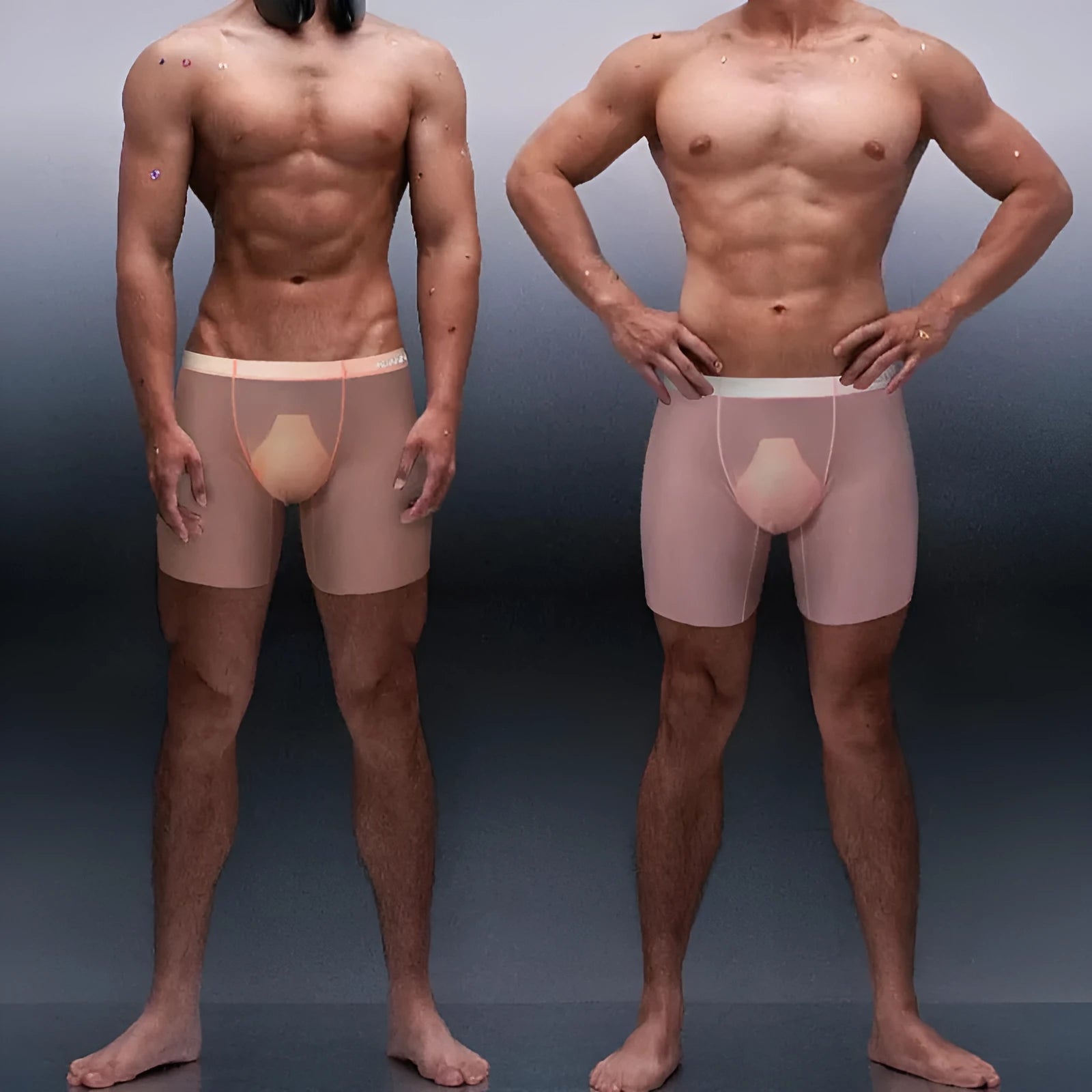 Men's seamless nylon boxer shorts in orange, pink, and red colours with low waist design
