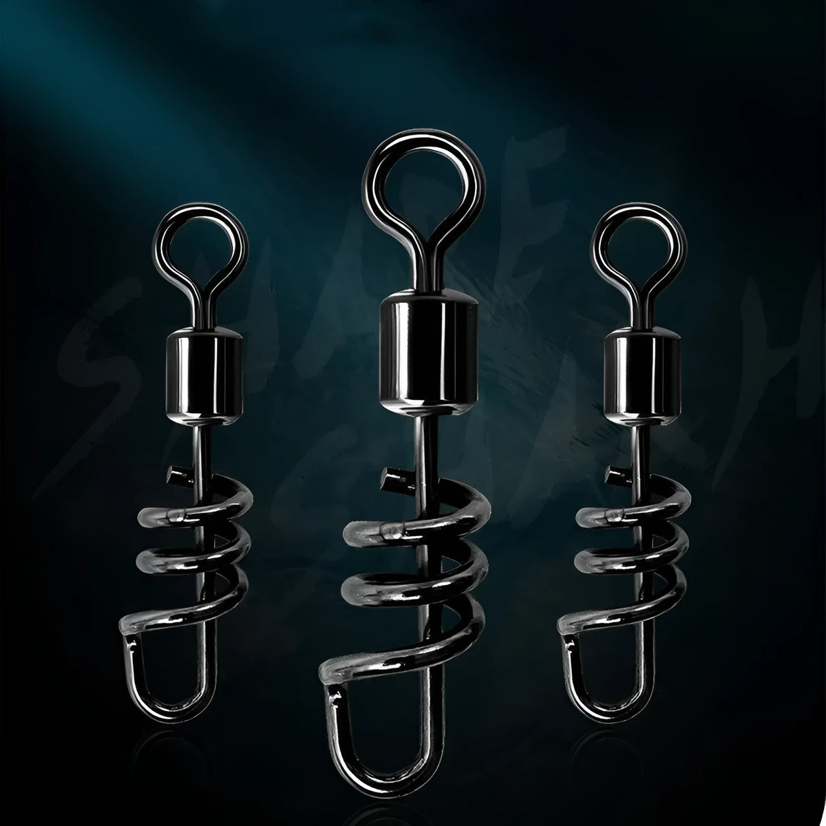 8-shaped stainless steel fishing swivel connector showing rotating mechanism and dual connection points