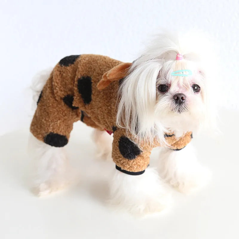 Polka dot pet clothing with elk couple design for dogs and cats in four-leg or skirt style options