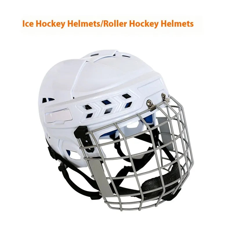 Ice hockey helmet with carbon steel face mask in impact-resistant PP shell with EVA lining