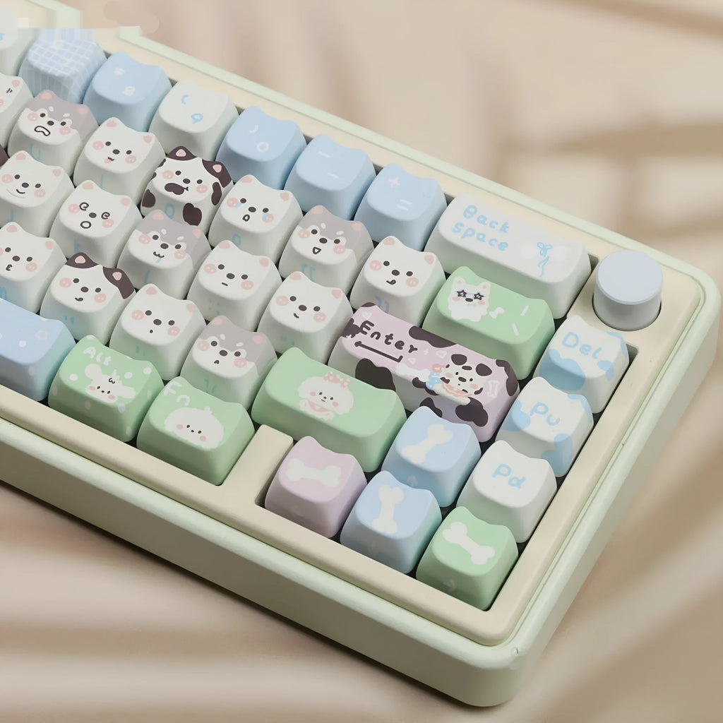 Complete set of 26 colourful puppy-themed PBT keycaps for mechanical keyboards with sublimation printing