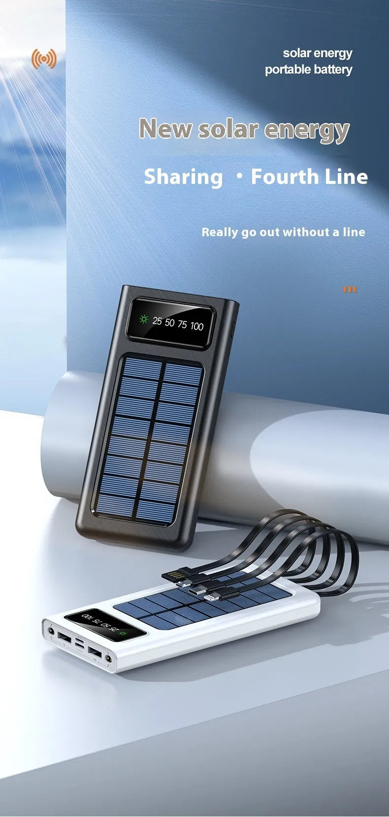 Solar power bank with 20000mAh capacity and integrated charging cables in black or white plastic case
