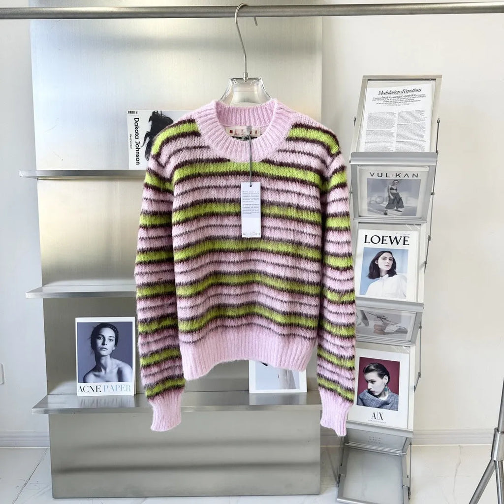 Pink wool lazy coat cardigan sweater with contrast colour details and regular sleeves
