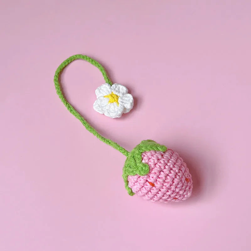 Wool crochet woven strawberry pendant on 35 cm knitted wool cord in pink or red colour