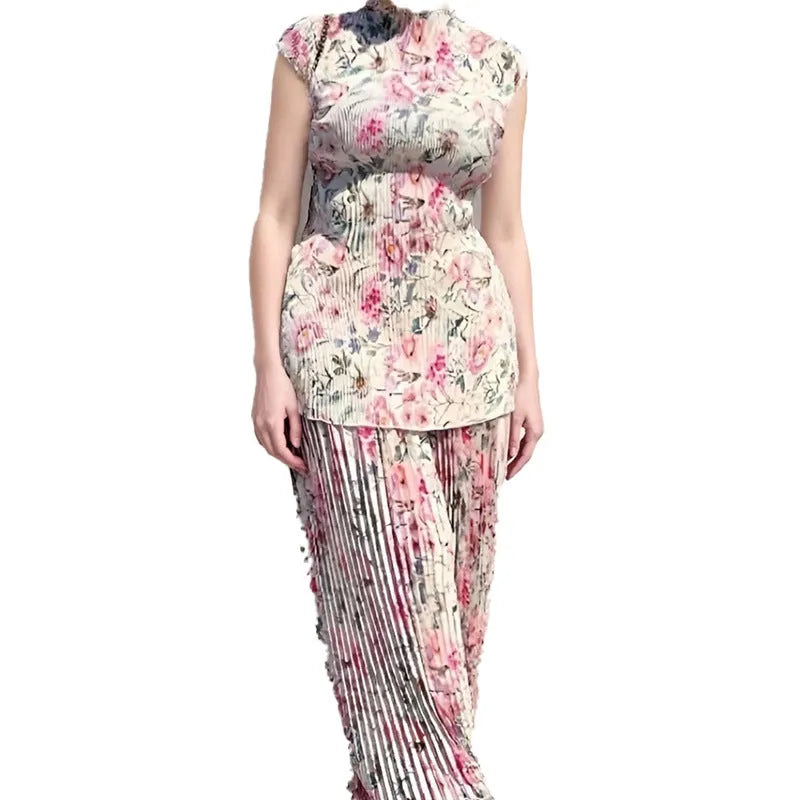 Women's printed chiffon two-piece dress set with long sleeves and high waist design
