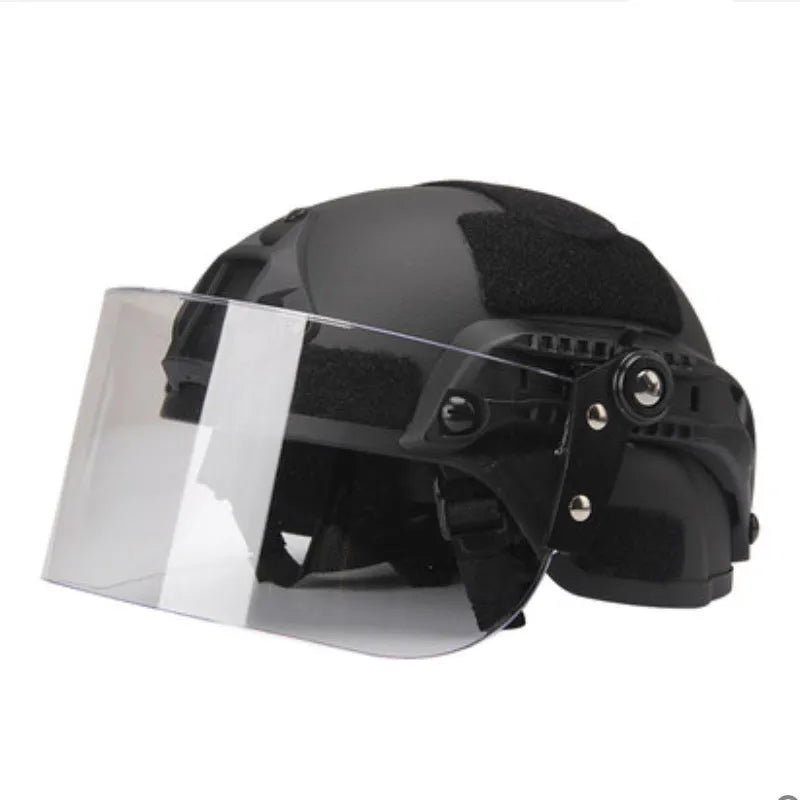 Transparent polycarbonate helmet face shield with semi-rimless frame measuring 30cm by 15cm