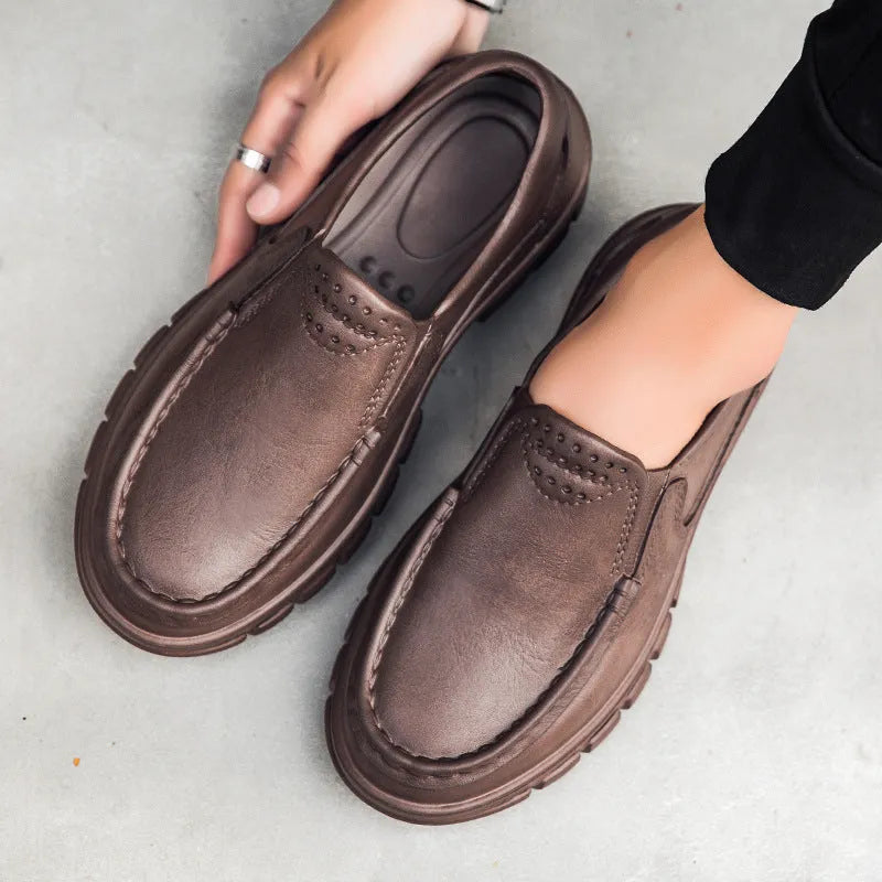 Men's black waterproof platform slip-on shoes with artificial leather upper and mid-heel design