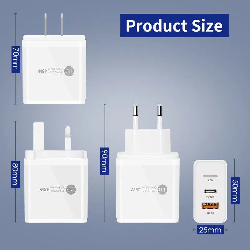 PD48W fast travel charger with UK three-pin plug and white casing