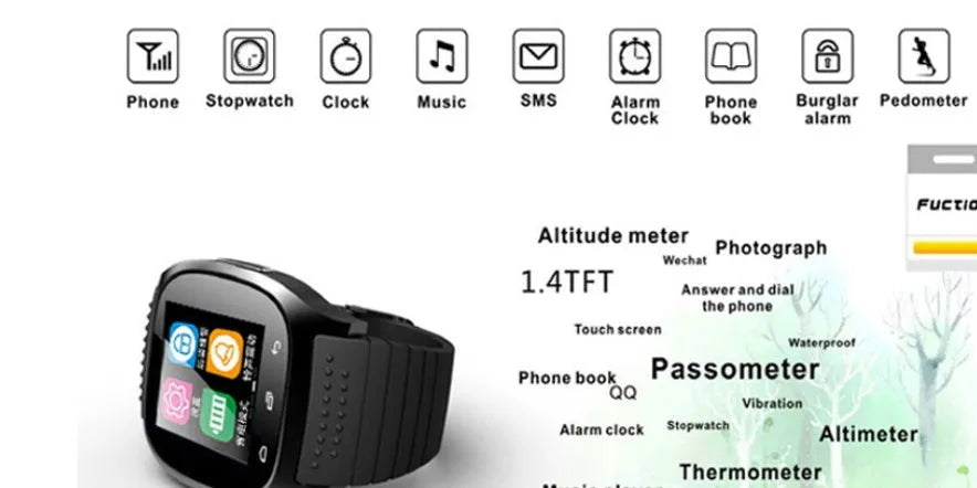Smart Bluetooth sports watch compatible with Apple and Android phones in white, blue or black