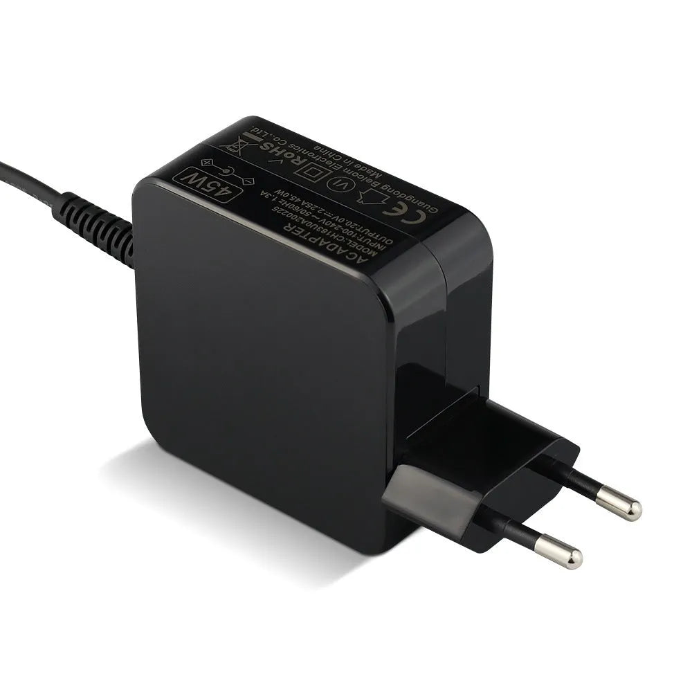 Black 45W laptop power adapter with DC charging cable and US plug