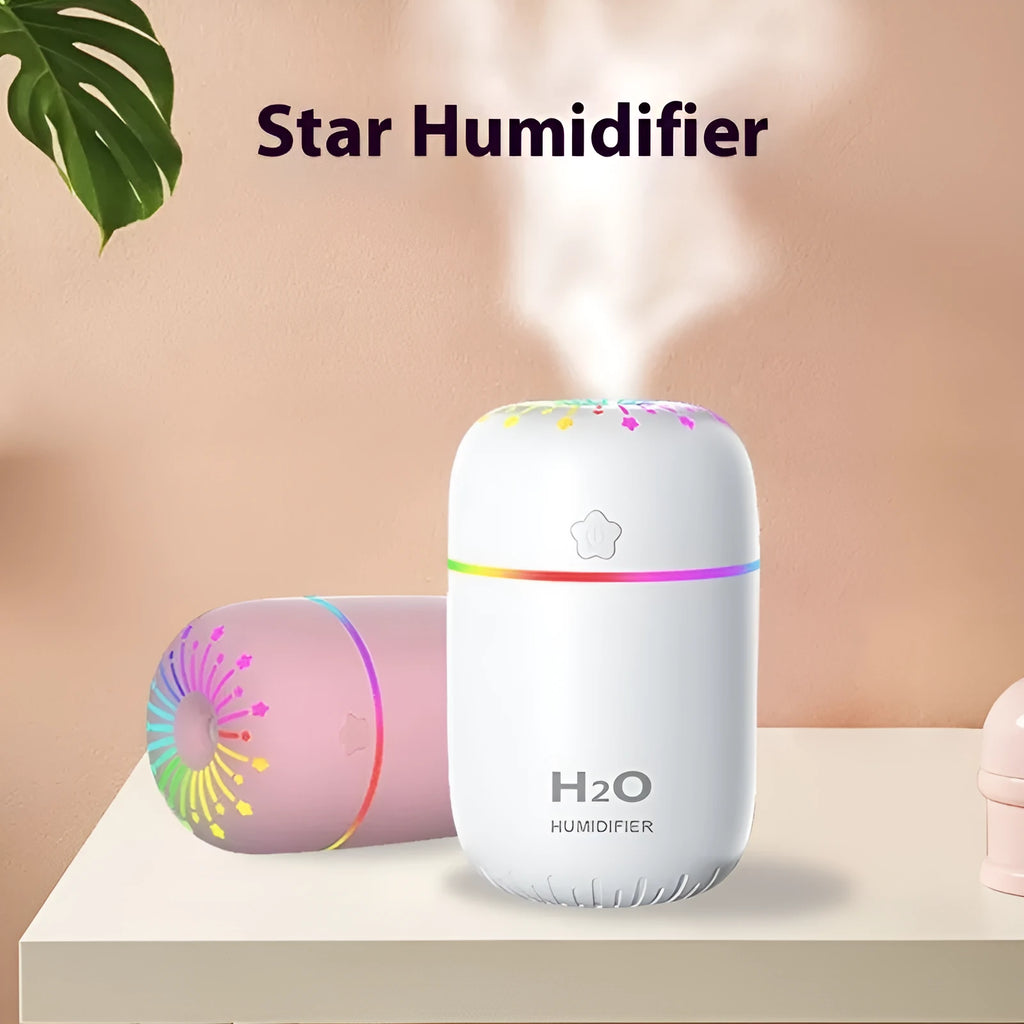 Fireworks A5 white USB mini humidifier on a desk next to a laptop