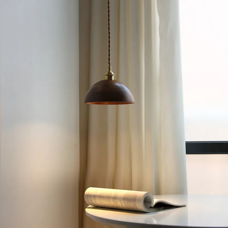 Black walnut wood single-head droplight chandelier with copper decorative accents.