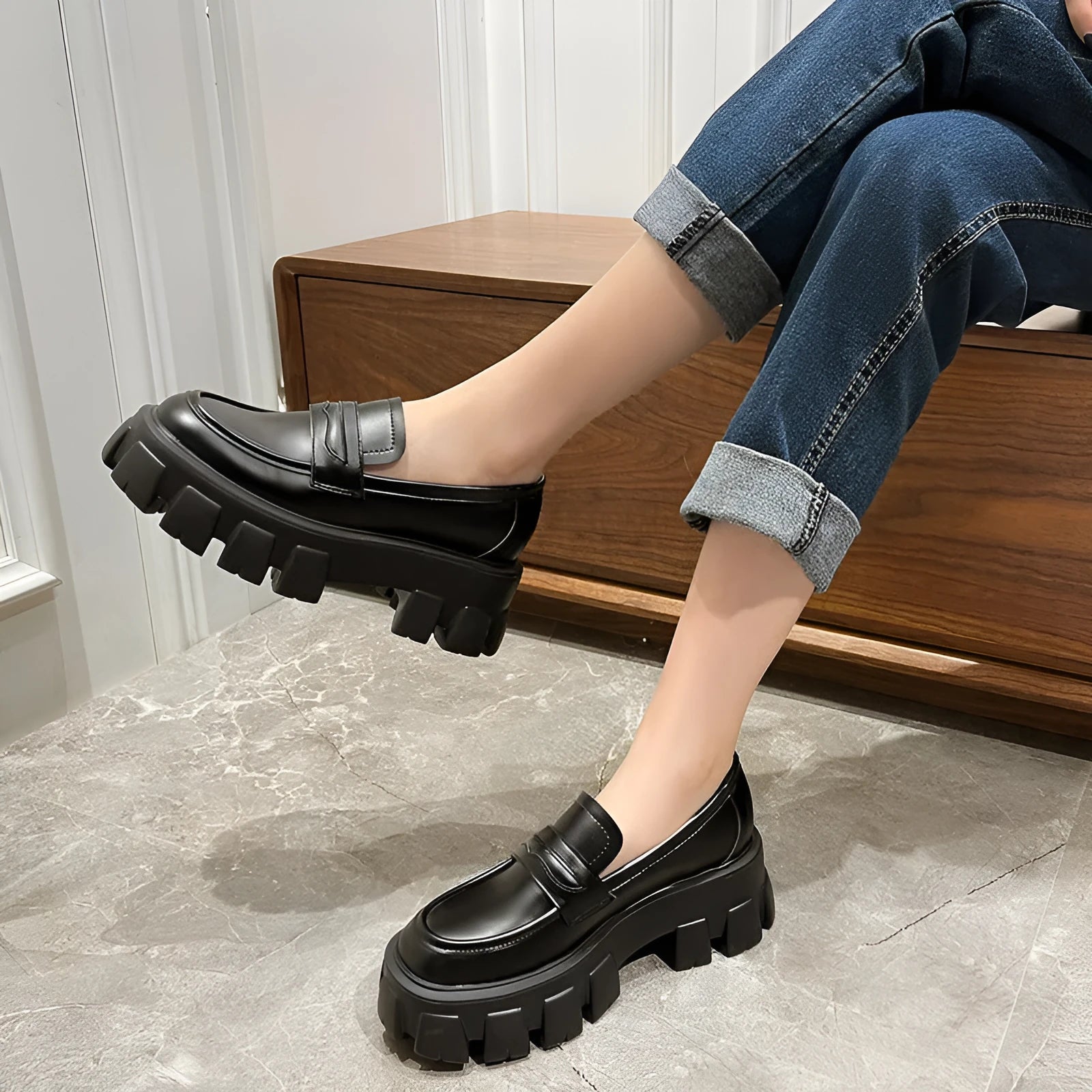 British style wide fit patent leather loafers with a rubber sole and muffin heel, shown in a choice of finishes.