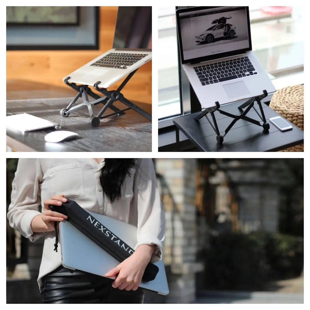 Portable folding computer bracket in sagacious black with carrying case