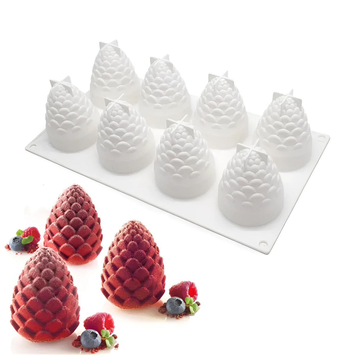 Silicone baking mould with six pineapple and pine cone shapes for making decorative desserts.