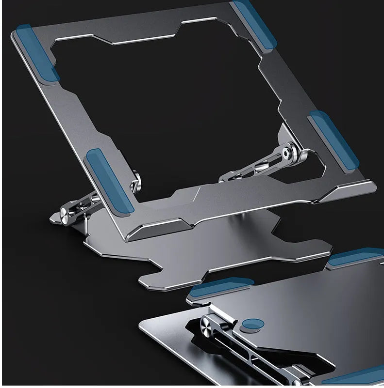 Grey aluminum laptop stand in folded position showing adjustable mechanism and silicone protection points