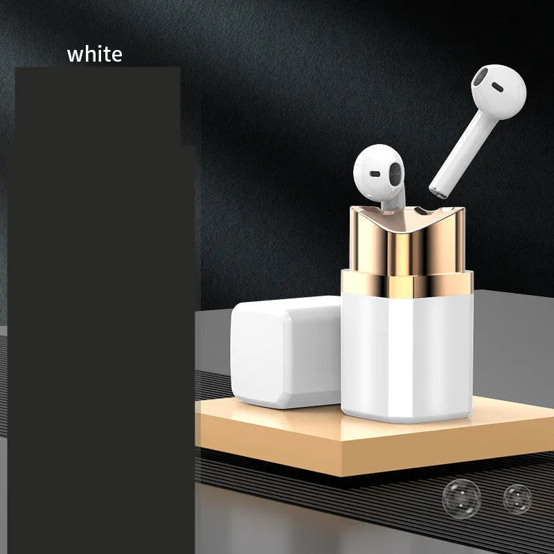 Lipstick-shaped Bluetooth earphone in black, pink, purple or white with curved earbuds and compact charging case